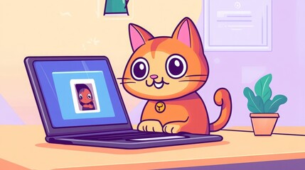 A cartoon cat using a laptop at a desk with a plant.