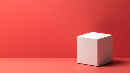 Single white cube on a vibrant red background, large area of copy space in the upper right corner, sharp shadows and minimalist design