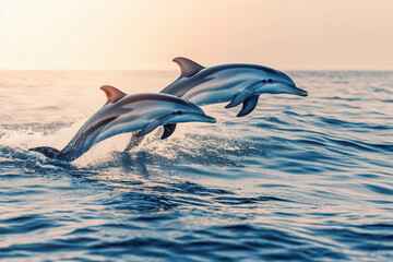 Fototapeta premium Playful dolphins jumping out of the ocean at sunset