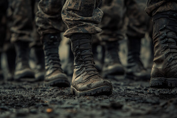 Soldiers in military formation marching in their boots