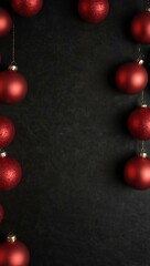 Red Christmas ornaments on dark background, with space for text.