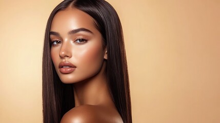 Naklejka premium Beautiful woman with long brown hair and perfect skin.