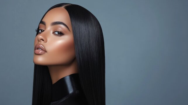 Close-up portrait of a beautiful young woman with long black hair and glossy lips, against a blue background.
