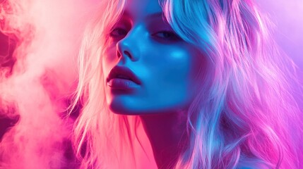 Close-up portrait of a young woman with blonde hair in blue and pink neon light.