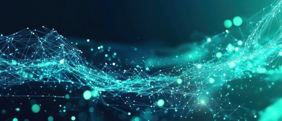 Abstract digital wave with glowing particles and lines representing data flow.