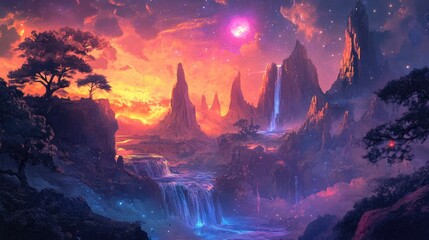 Surreal, colorful Sci-Fi landscape with glowing trees, a waterfall flowing over futuristic mountains, set against a vibrant, alien sky