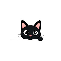 a cartoon illustration of a black cat peeking out from behind a white panel. The cat has round, round eyes and pink ears vector silhouette