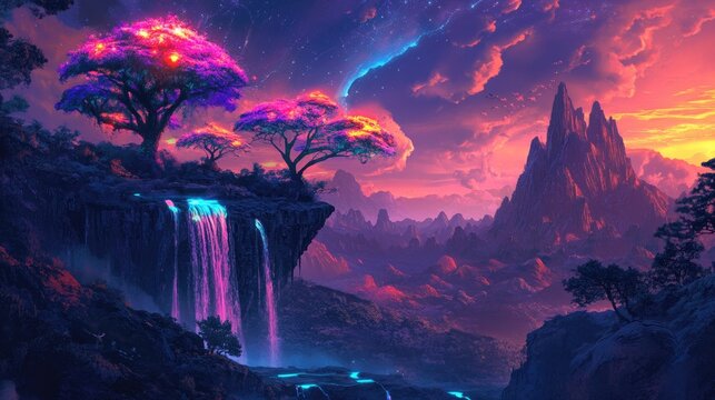 A beautiful Sci-Fi landscape with alien trees glowing in vibrant hues, a futuristic waterfall, and distant jagged mountains, set under a neon sky