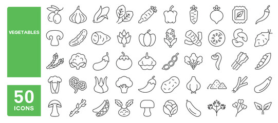Set of 50 line icons related to vegetables, tomato, olive, garlic, onion, carrot, mushroom, pumpkin, pepper, cabbage, potato, beans, peas, corn, Editable stroke. Vector illustration