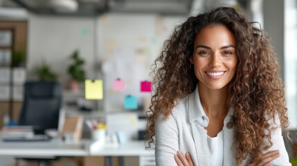 A professional woman with curly hair offers a warm smile while sitting at her desk in an office setting filled with colorful sticky notes, symbolizing positivity and dedication.