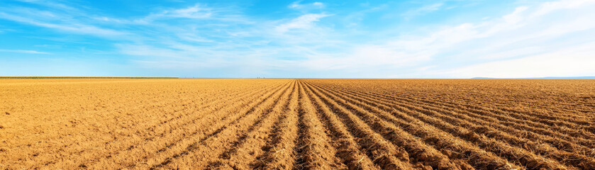 A vast golden field under a bright blue sky with scattered clouds, showcasing modern agricultural landscape.
