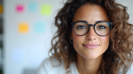 A close-up of a woman with curly hair and glasses smiling warmly in a bright office, reflecting intellect and accessibility surrounded by colorful sticky notes.