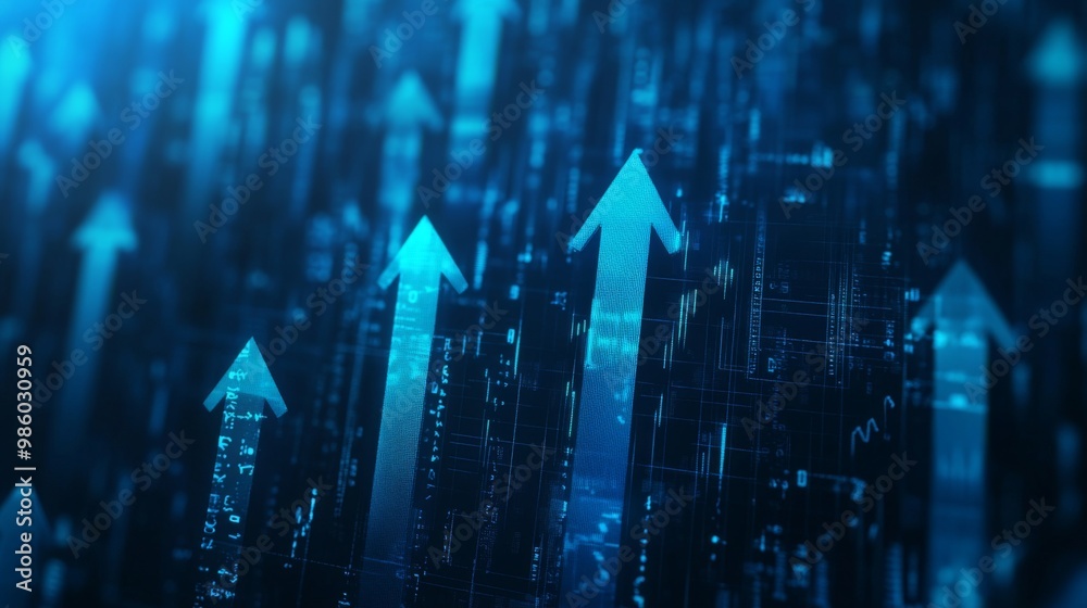 Aufkleber close-up of a 3d bar chart in blue tones with arrows pointing upward, representing a positive financ