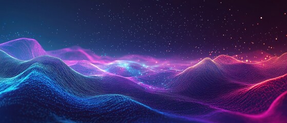 Fototapeta premium A vibrant, abstract landscape of waves illuminated by colorful lights and particles.