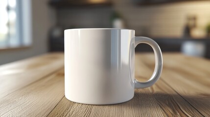 White ceramic mug on a wooden table, perfect for mockup.