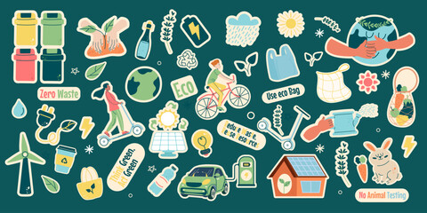 Сollection stickers ecology friendly cute elements flat design