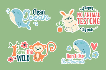 Set stickers of eco animal characters with eco lettering
