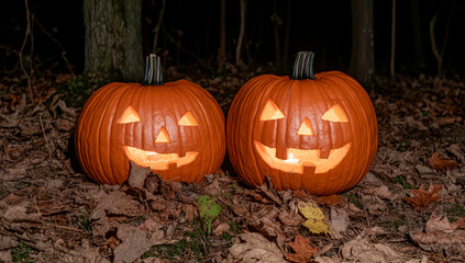 Two pumpkins with carved faces, illuminated by candlelight in the dark night, resting on the grassy ground covered with fallen leaves. --repeat 5 --ar 37:21 --style raw --personalize hyhhz8i --stylize