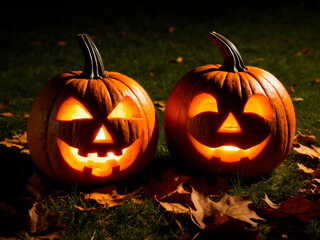 Fototapeta premium Two pumpkins with glowing eyes and a smiling face. Scene is spooky and festive