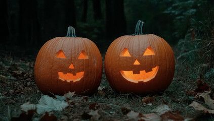 Two pumpkins with carved faces, glowing in the dark grass on Halloween night. --repeat 5 --ar 37:21 --style raw --personalize hyhhz8i --stylize 1000 --v 6.1 Job ID: b4036082-152a-4751-99cd-cbafb0fb49d