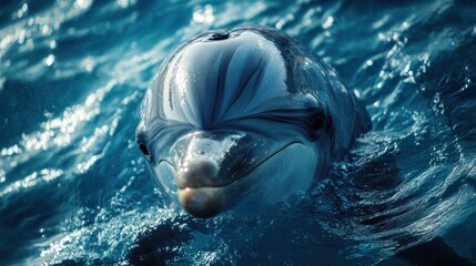 Close-up of a dolphin's face in the blue water, looking up at the camera.