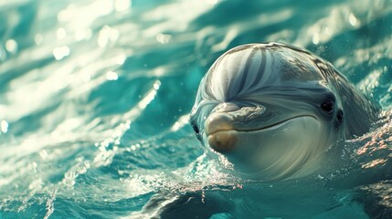 Fototapeta premium Dolphin surfacing in turquoise water, looking directly at the camera.