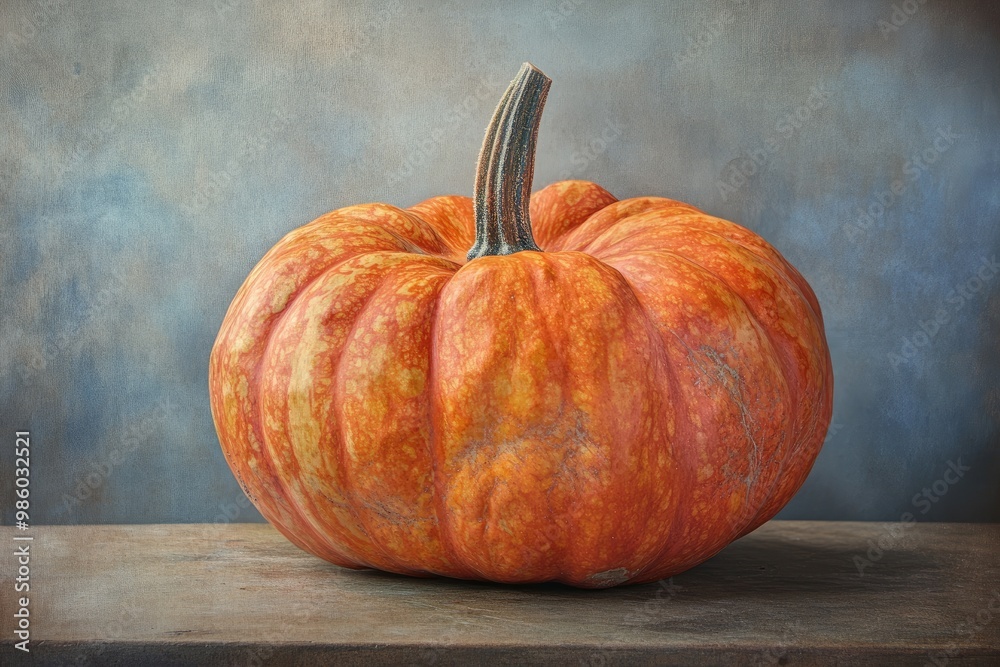 Poster A Single Orange Pumpkin with a Rough, Textured Skin on a Wooden Surface