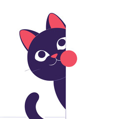 a cartoon illustration of a black cat peeking out from behind a white panel. The cat has round, round eyes and pink ears vector silhouette
