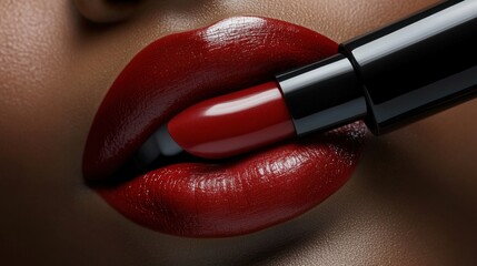 Obraz premium Close-up of a woman's lips with red lipstick being applied.