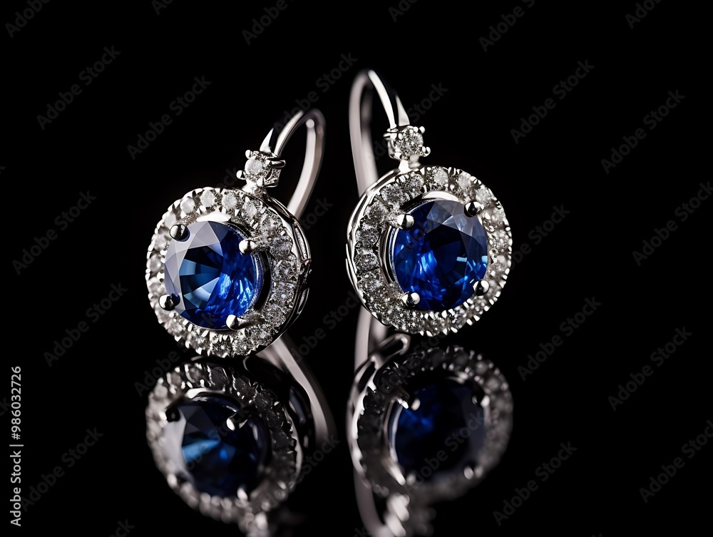 Wall mural Elegant silver earrings with blue gemstones and diamond accents.