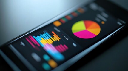 Close-up of a smartphone screen displaying colorful data charts, graphs, and a pie chart.