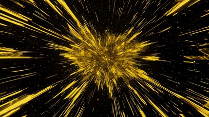 A vibrant explosion of yellow particles radiates outward, creating a striking contrast against an inky black background, evoking a sense of cosmic energy and wonder.