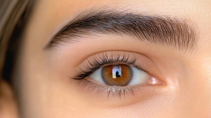 Obraz premium Close up of a woman's eye with long eyelashes.