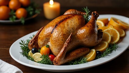 Roasted turkey served on a platter with garnishes.