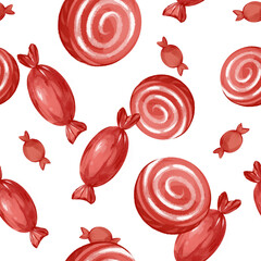 Watercolor candies seamless pattern. Many big bright red festive sweets on transparent background. Hand drawn treats PNG. Art element for packaging design, Christmas card, New Year advertising layout