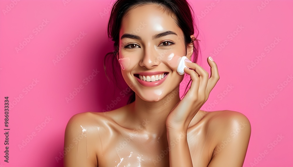 Wall mural joyful skincare routine with a smiling woman applying cream against a vibrant pink backdrop