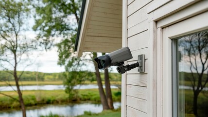 The image shows a white house with a door, a window, and a security camera mounted on the wall.