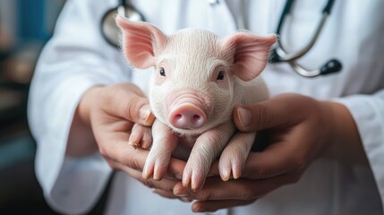 the veterinarian holds a small piglet in his hands. Selective focus
