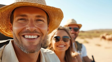 A content couple smiles widely, enjoying their time on an open safari ride. They exhibit a sense of peace and companionship against a serene landscape.