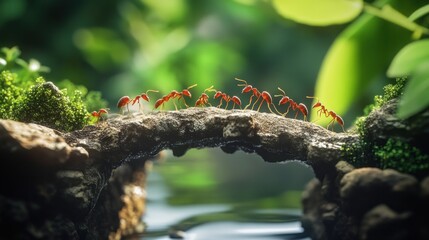 Red ants forming a bridge over a stream in a green forest.