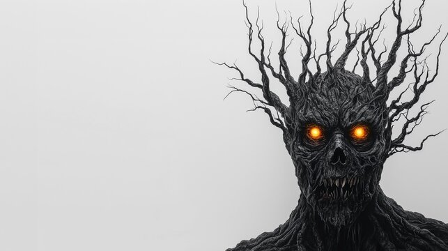 A dark creature with glowing eyes and twisted branches, representing an eerie and mysterious presence in a fantasy realm.