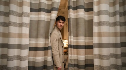 Man standing in a room with striped curtains. He is wearing a beige jacket and has a neutral expression on his face.