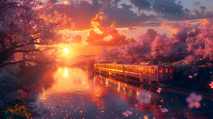 Sunset Train Through Cherry Blossom Trees - Illustration