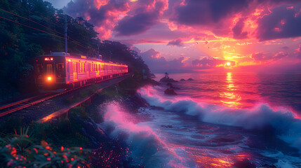 Train Tracks By The Sea Illustration