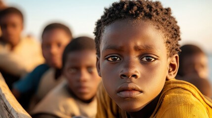 Obraz premium A worried-looking boy in a crowd on a boat, clad in a life vest, conveying themes of hardship, uncertainty, and the human aspect of migration and refuge.