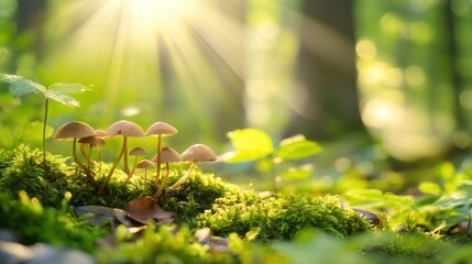 Obraz premium Sunlight shining through a forest canopy onto a patch of moss and mushrooms.