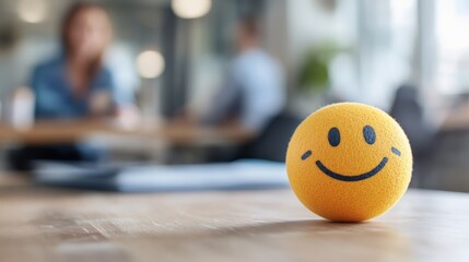 A bright yellow stress ball with a smiling face sits on an office desk, promoting positivity and stress relief among employees, in a modern work environment background.