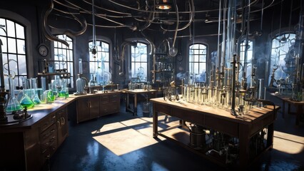 Fototapeta premium A spacious, modern laboratory filled with glass instruments and illuminated in soft blue light, creating a futuristic setting perfect for scientific breakthroughs