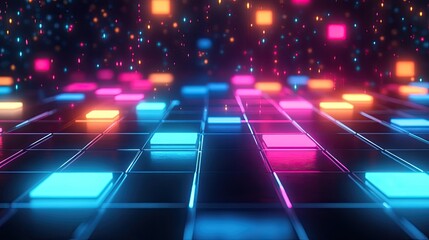 Neon light grid on a dark background with colorful glowing squares. Technology background