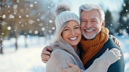 Obraz premium In a wintry scene, a cheerful couple embraces closely, smiling amid softly falling snowflakes, conveying warmth, unity, and the spirit of joy and togetherness.